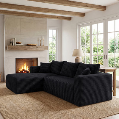 Modular Sectional Couch Corduroy Compression Sofa With Pocket Spring, Modern Deep Seat Convertible Sleeper Sofa Bed，Upholstered Couches For Living Room Black