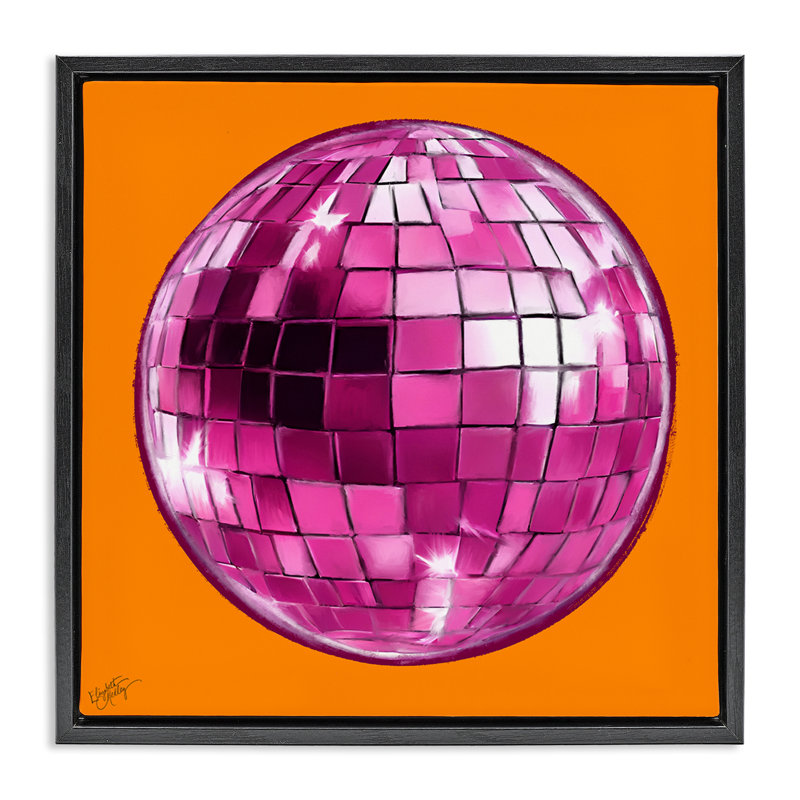 "Disco Ball on Orange", art mural encadré par Elizabeth Medley, H 25 po x l 25 po, Cadre flottant noir de jais