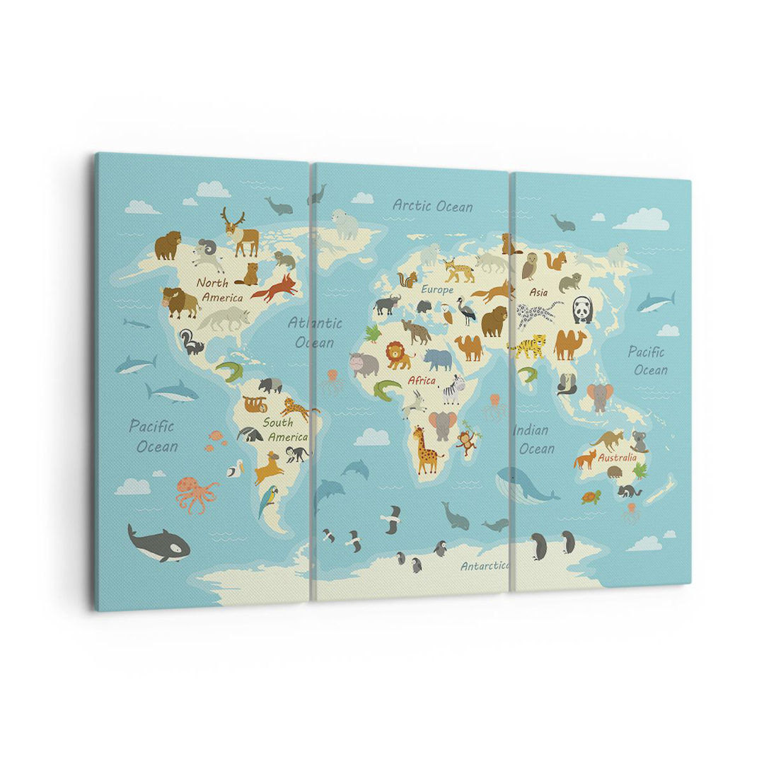 3-tlg. Leinwandbilder-Set Animals the World Map