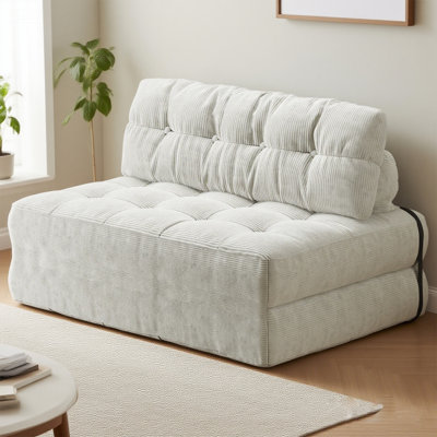 Canapé-lit convertible pliant en velours côtelé - Futon-lit double avec appui-tête et coussin lombaire - Matelas pour lit d'invité pliable portatif pour salon, appartement, petits espaces - beige