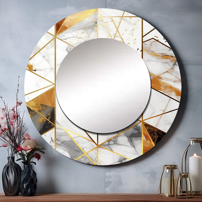 Oleyar Exploration Golden Abstracted Symmetry V - miroir mural géométrique, miroir décoratif rond moderne, impression d'art en métal