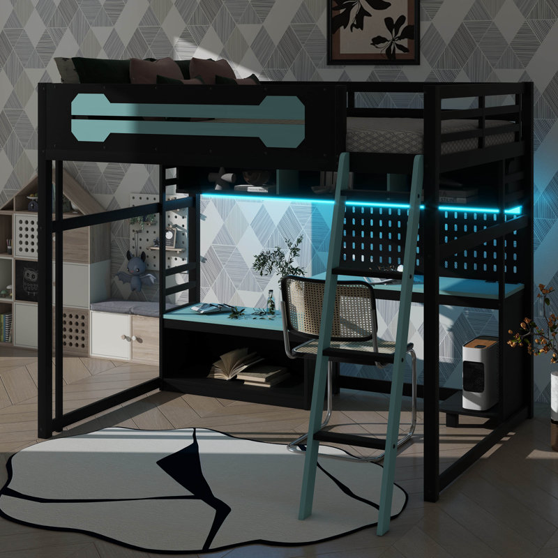 Structure contemporaine pour lit mezzanine double pleine grandeur, avec bureau, tablettes de rangement, lumières DEL, ports USB et panneau perforé