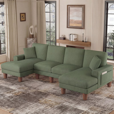 Modern Oversize 269cm 4-Seater Corduroy U-Shaped Sofa and Chaise With Solid Wood Legs