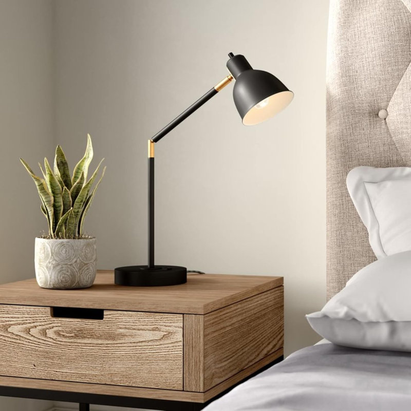 Shawnda Adjustable Desk Lamp With Built-In Outlet, Modern Black Metal Design For Office, Dorm, Or Bedroom, Bulb Not Included