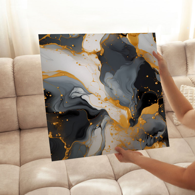 Abstrait gris et or brossé II, reproduction d'art moderne sans cadre, H 20 po x l 20 po