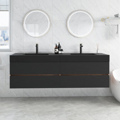 Meuble-lavabo 72 po avec lavabo en quartz d'ingénierie et tiroirs noirs doux