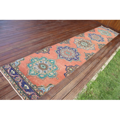 Handmade Vintage Turkish Runner Rug with Unique Bohemian Oushak Design for Decorative Hallway Accent in Home Decor