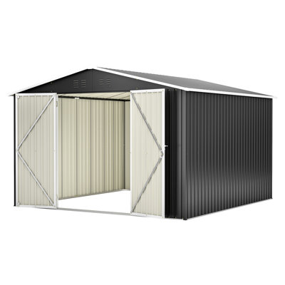 10x10 Ft Outdoor Metal Shed With Lockable Doors. Galvanized Steel. Ventilation Openings & Waterproof Roof. Black. For Lawn, Backyard, Patio Use Storage Shed. Doors, Structure. Steel, Ventilated,