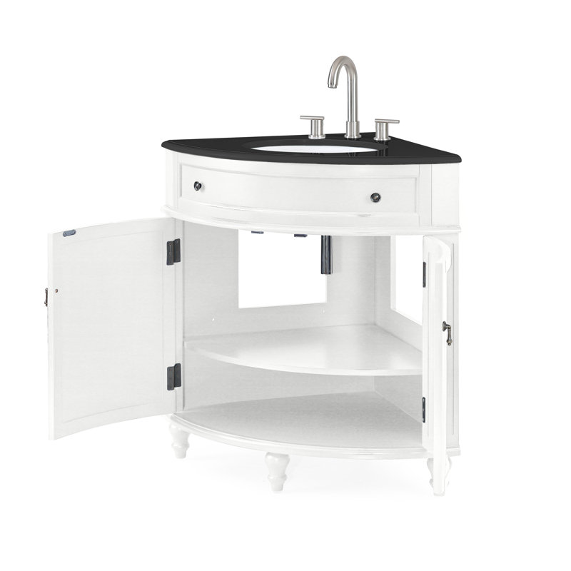 Benton Collection 24 Inch Cottage Freestanding White Triadsville Corner Bathroom Vanity, Single Sink, Black Granite Top, Fully Assembled
