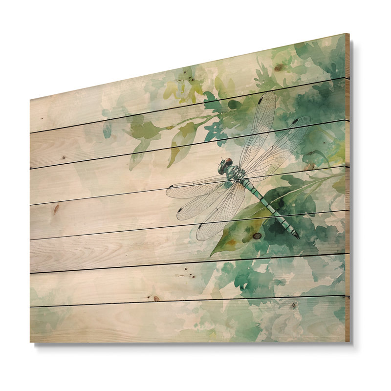 Libellule sur une feuille - Art mural moderne sur bois de pin naturel, H 10 po x l 20 po