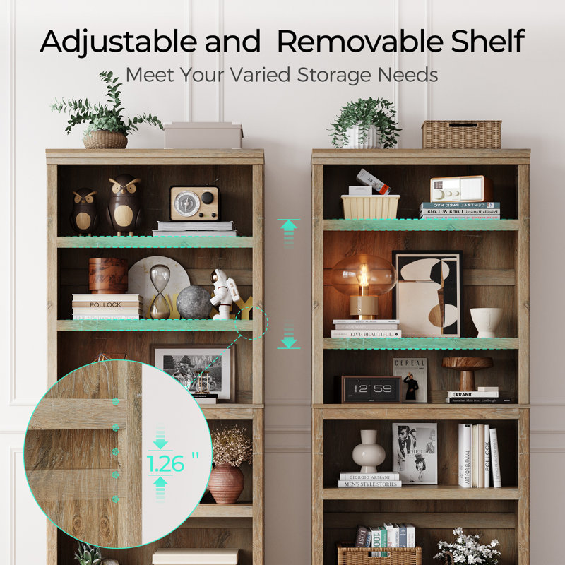 Patrick 31" W Tall 5 Shelf Bookcase - Set of 2, Light Brown, (5 Shelves) 31.2”W 