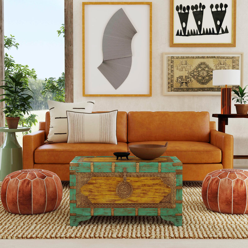 Nador Hand-Painted Brass Inlay Storage Trunk Coffee Table, Green/ Gold