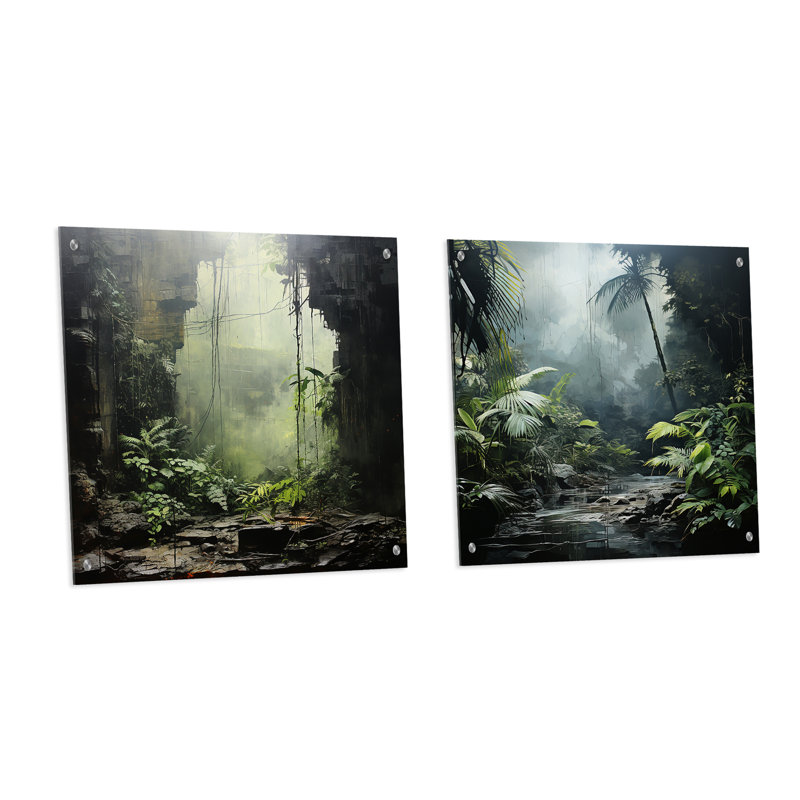 Jungle Cave Serenity - ensemble d'art mural en acrylique sur verre Jungle, H 16 po x l 33 po
