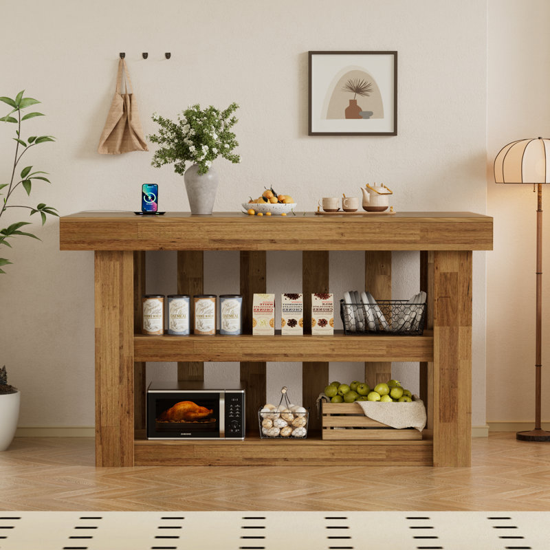 Îlot de cuisine de 55 po avec prises de courant, très grande surface de travail, table d'îlot fixe en bois à 3 niveaux avec tablette de rangement pour la salle à manger de cuisine