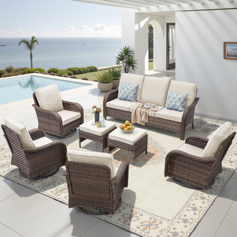 Ensemble de chaises d'extérieur pivotantes et berçantes - 7 pièces, Beige