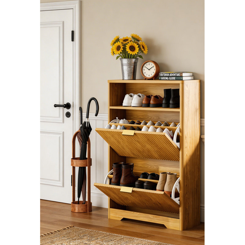 Narrow Flip-Door Shoe Cabinet With Open Shelf, Natural Finish, 40" H x 31.6" W x 9.6" D , Natural Wood