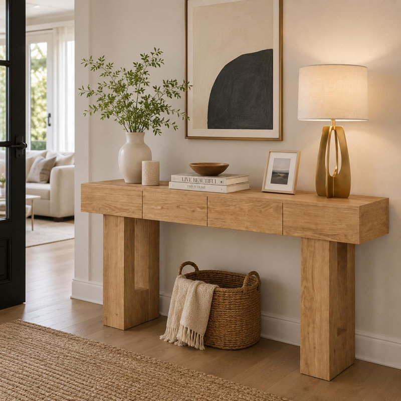 Console en bois avec tiroir, décor de couloir, tiroir de rangement, console décorative, console compacte, Natural
