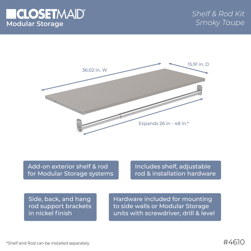 Modular Storage 73" W - 93" W Closet System Starter Kit, Taupe