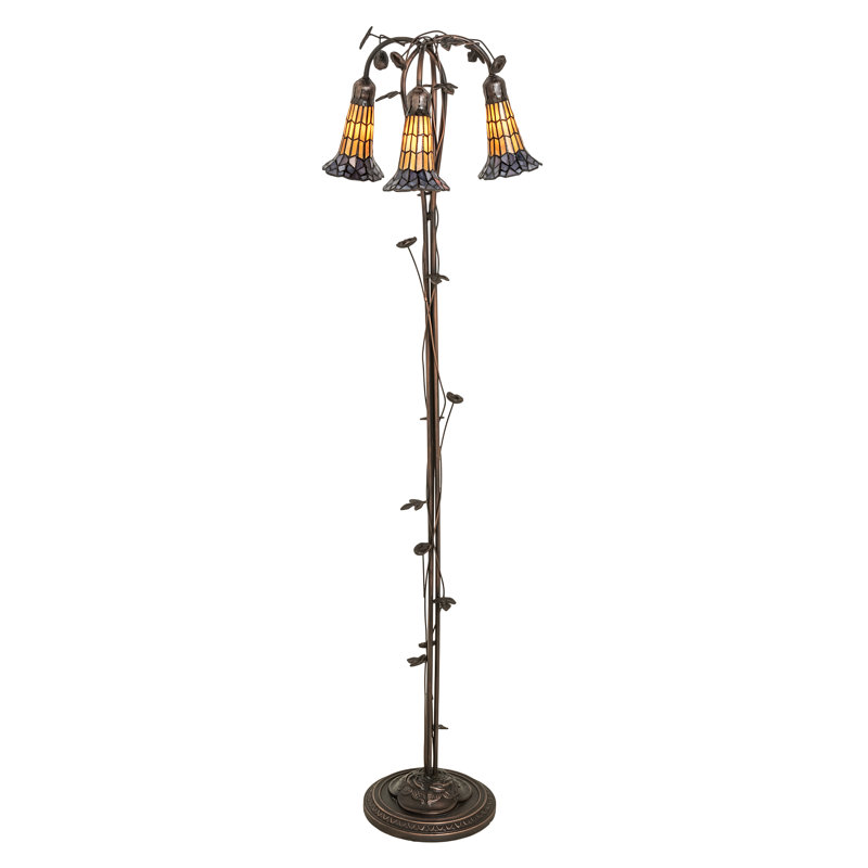 58" High Stained Glass Pond Lily 3 Light Floor Lamp, Yellow