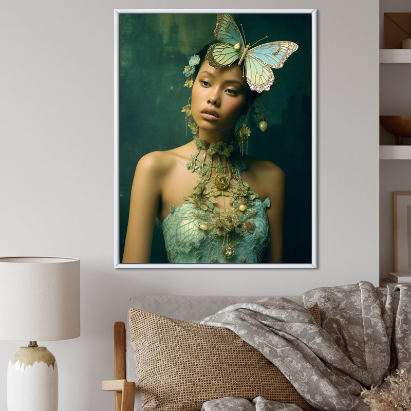 Modèle sarcelle avec bijoux papillon - reproduction sur toile, H 32 po x l 24 po x P 1 po, Cadre flottant blanc