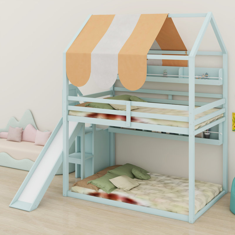 House Bed With Canopy, Slide & Built-In Bookshelves, Light Green