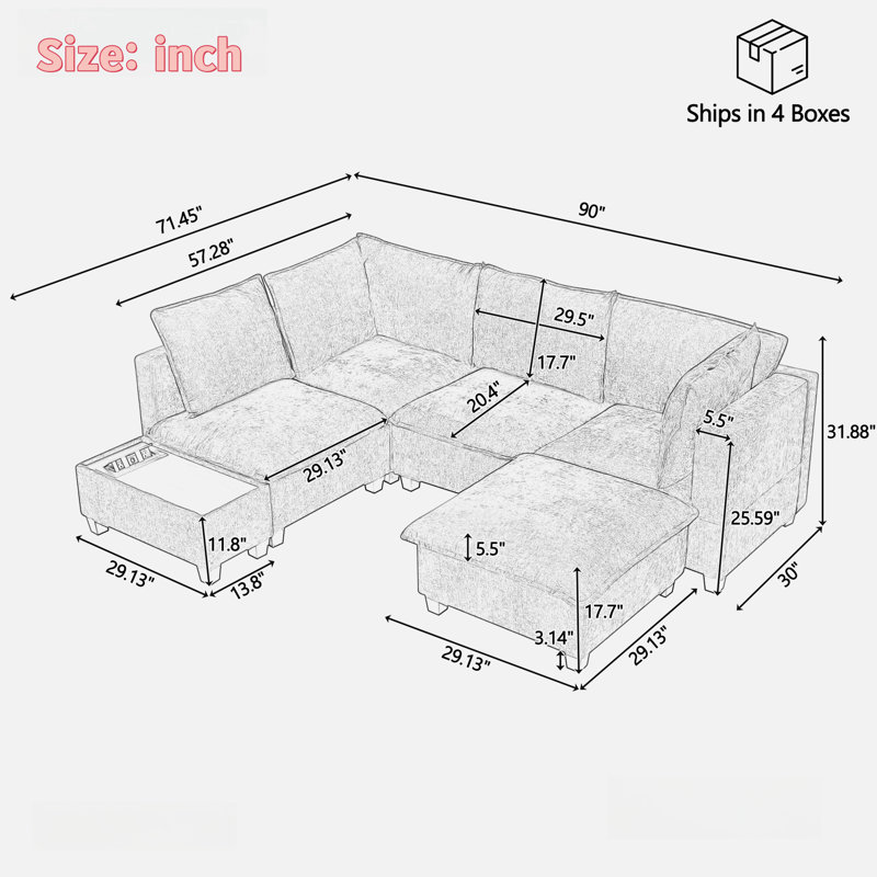 U-shaped Sectional Sofa Couch With A Movable Ottoman And A Coffee Table With Hidden Charging Devices, Grey
