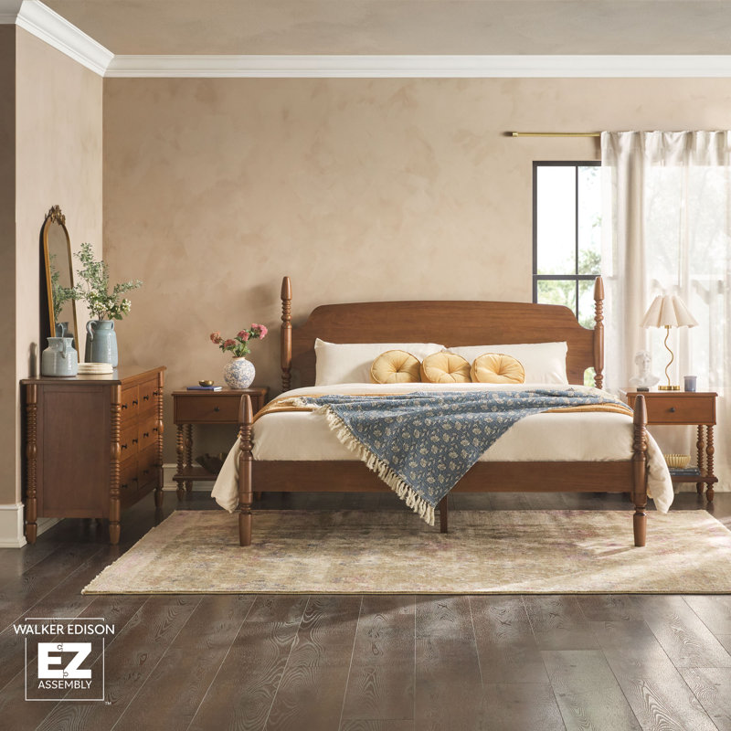 Solid Wood 4-Piece Spindle Vivienne  Bed With Two Walker Edison Easy Assembly 1-Drawer Nightstands And 6-Drawer Dresser, King