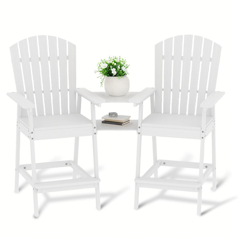 Outdoor Adirondack Barstools with Tray – Set of 2 Tall Wooden Bar Chairs, High Back, Footrest & Umbrella Hole for Deck, Patio, Balcony
