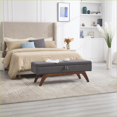 Repose-pieds avec rangement caché, molleton Teddy - Pieds en bois massif pour repose-pieds ou tabouret de lit | Noyer brun | Bois massif