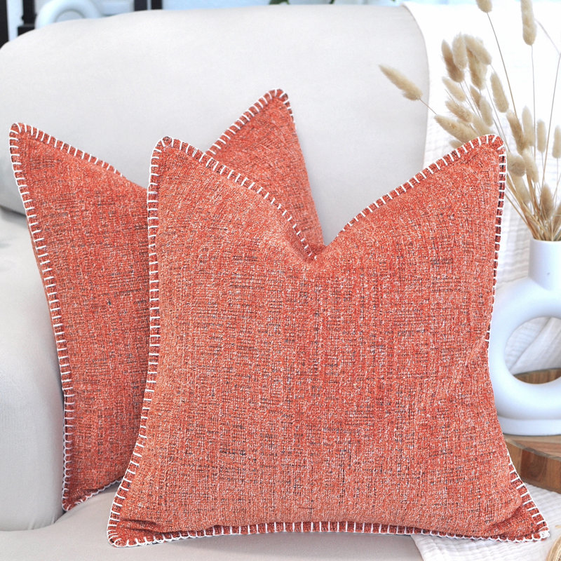 18x18 Orange Chenille Square Throw Pillow Covers Set with Piped Edges