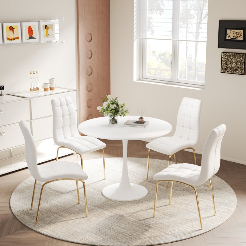 5 - Piece Pedestal Dining Set, White/White/Gold
