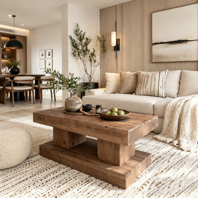 Solid Wood Coffee Table with Thick Top and Double Pillar Base