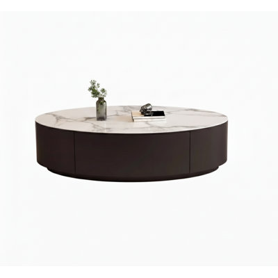 Modern 47" Oval Coffee Table With Storage, White Faux Marble Top & Black Metal Base