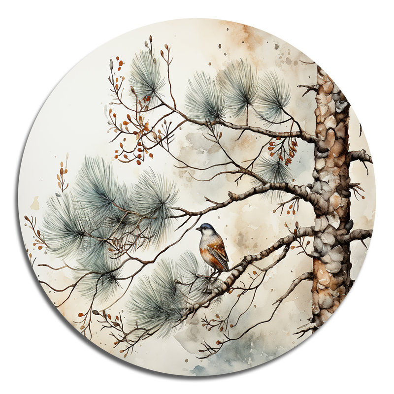 Oiseau sur pin II - art floral rond en métal, H 29 po x l 29 po