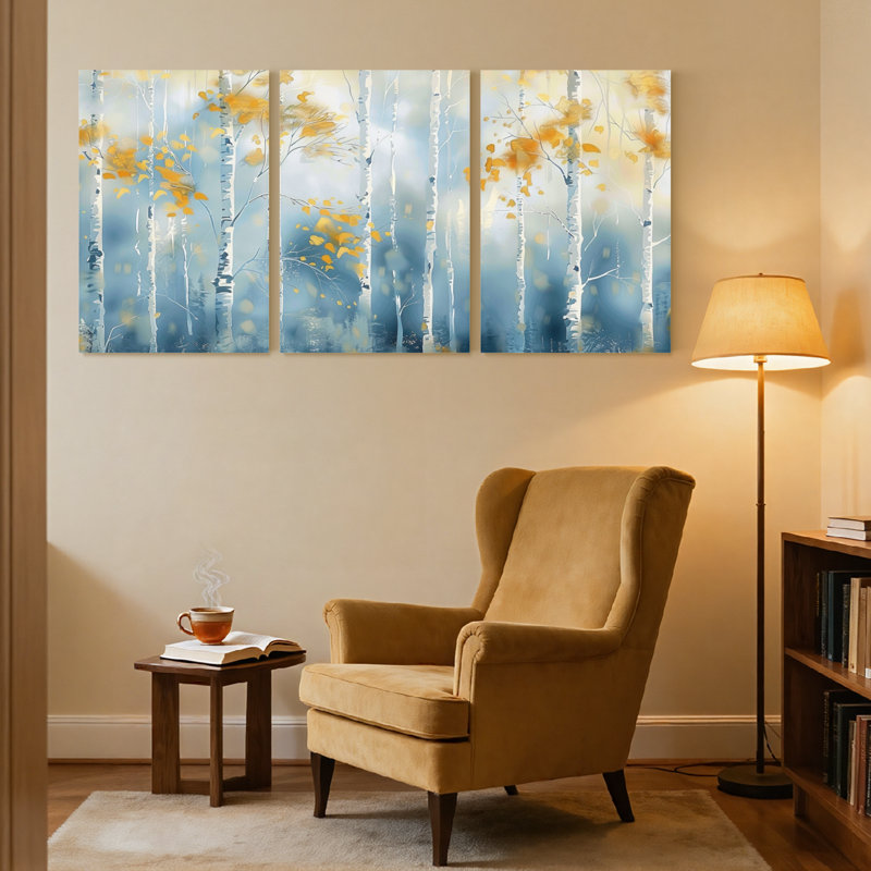 «Landscape & Nature Birch Trees Autumn Leaves Blue Sky», ensemble de 3 impressions sur toile, H 18 po x l 36 po