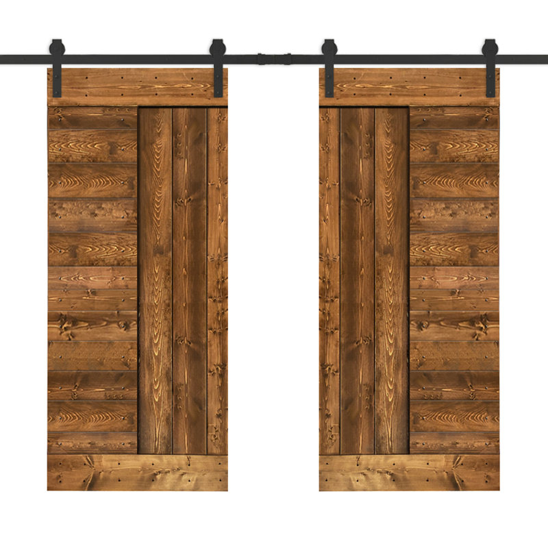 Porte de grange à panneaux et en bois avec quincaillerie d'installation, 60 po x 84 po, Noyer