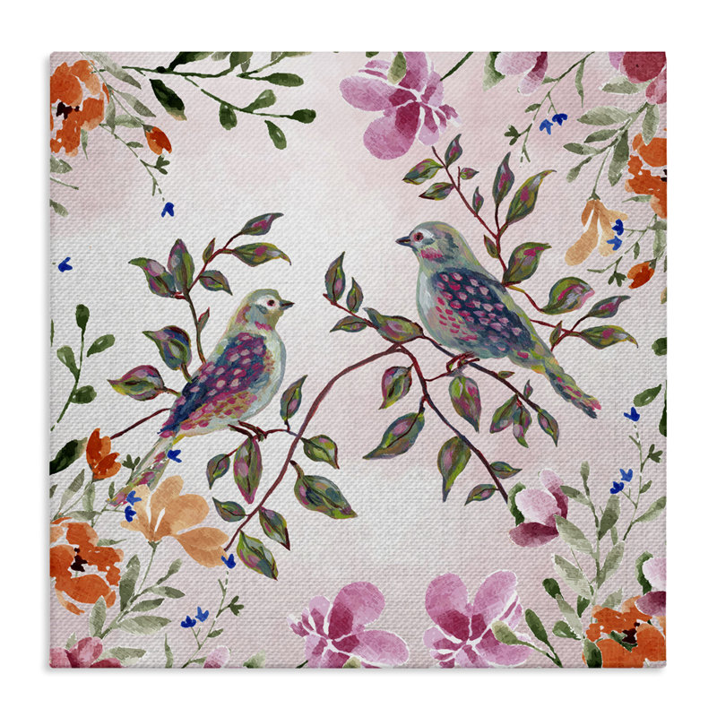 Deux oiseaux avec toile florale, design par Adonna Ebrahimi, H 30 po x l 30 po