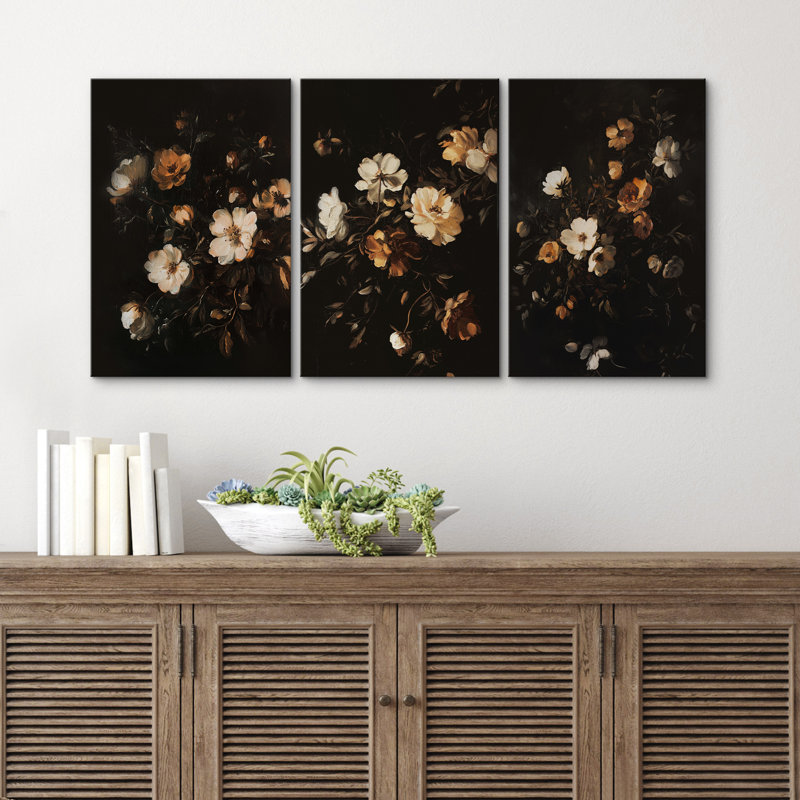 Ensemble d'art mural rétro en toile florale, impressions encadrées botaniques foncées pour chambre à coucher classique ou salon élégant