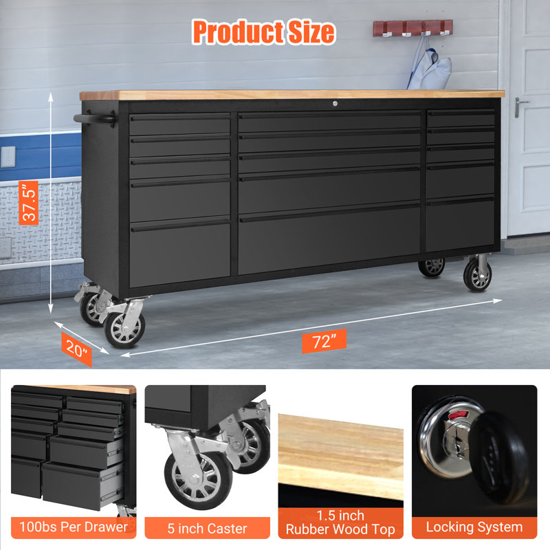 Coffre à outils roulant robuste 72 po - Armoire de rangement et établi en acier à 15 tiroirs - Serrure à clé, doublures de tiroir, plateau en bois d'hévéa - Garage, atelier, entrepôt, noir - Réglementation américaine