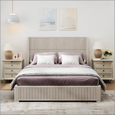 Structure de lit plateforme en bois massif avec tête de lit, aucun sommier nécessaire, conception sur pied, assemblage facile, grand lit, beige