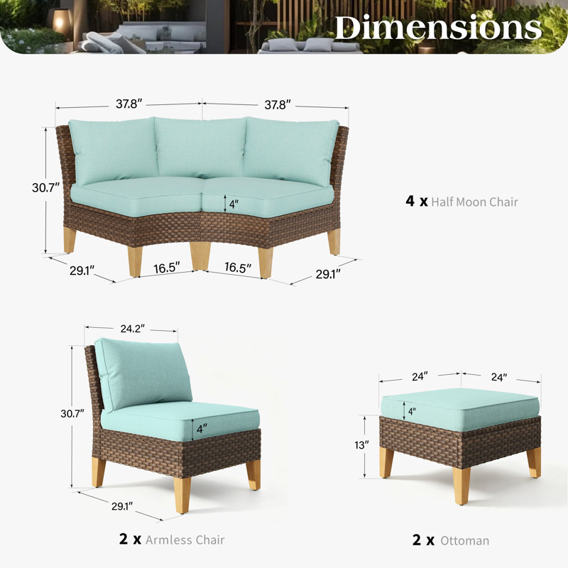 Ensemble de mobilier d'extérieur en rotin avec coussins 12 pièces Shutesbury, 4 pièces: 2 canapés modulaires, 2 repose-pieds