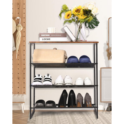 Range-chaussures réglable à 4 niveaux avec plateau en bois et tablettes en maille métallique, range-chaussures autoportant pour vestibule, couloir, placard et usage industriel