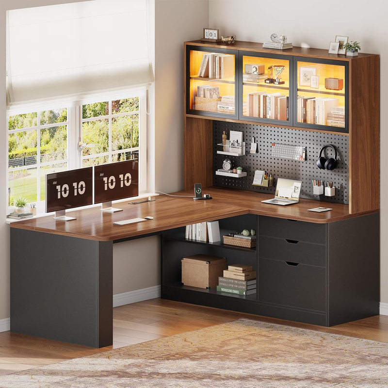 Larinda Metal Base Computer Desk with Power Outlet, Brown/Black