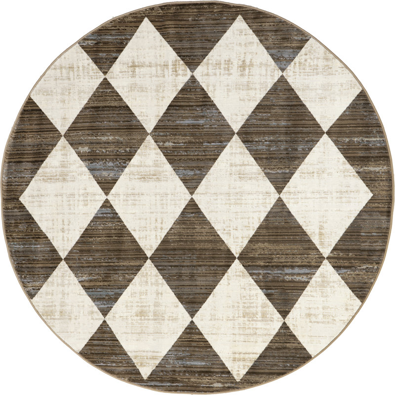 Kimara Checkered Fringe Area Rug, Round 8', Brown/Beige