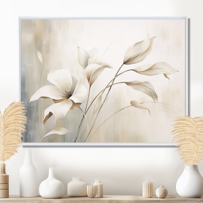 Élégance botanique blanche III - Botanique abstraite, art mural, H 16 po x l 32 po x P 1 po, Cadre flottant blanc