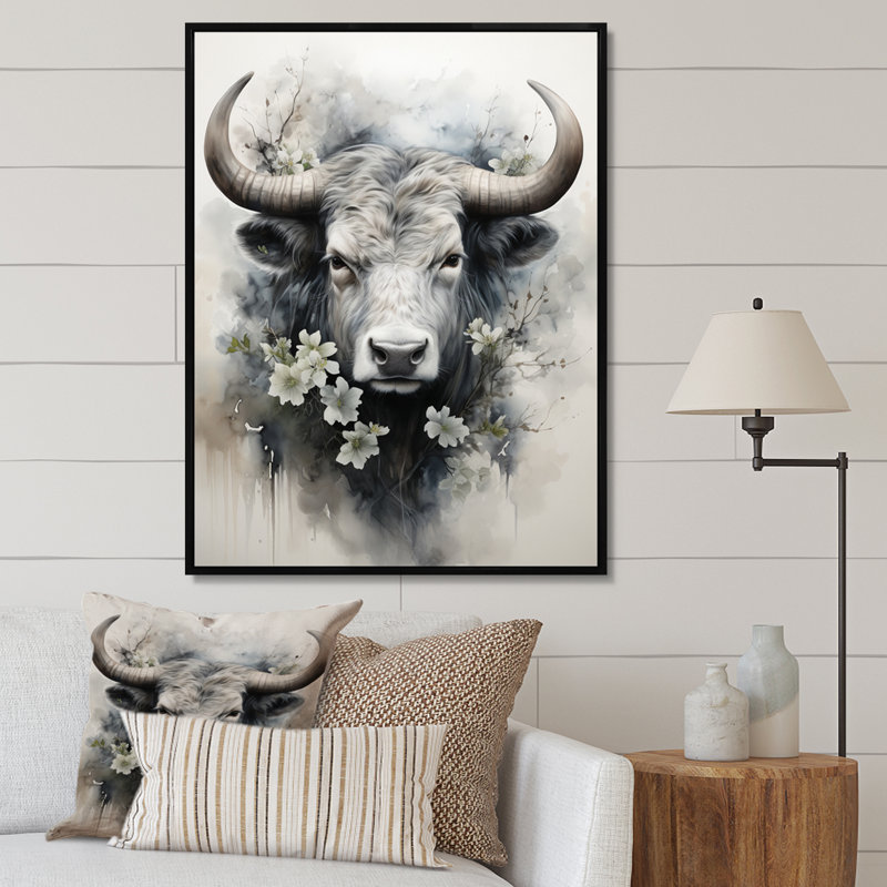 Champetres, art asiatique, vache Sumi IV, H 32 po x l 24 po x P 1 po, Cadre flottant noir