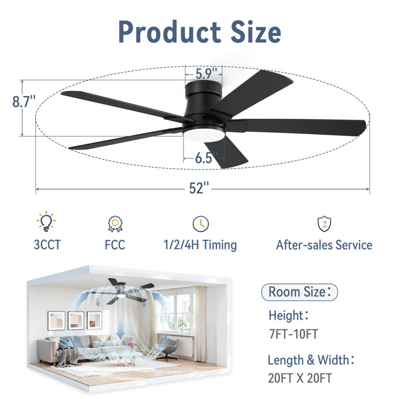 Cissline 52" Modern Black Flush Mount Ceiling Fan with LED Light and Remote Control for Bedroom, Living Room, and Kitchen