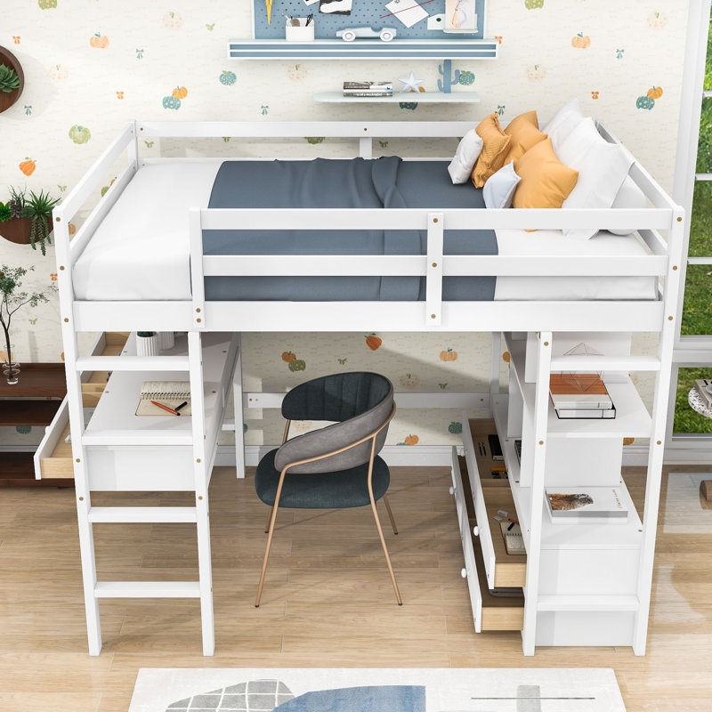 Frowine Kids Full Loft Bed with Drawers, White