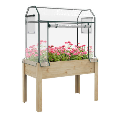 Lit de jardin surélevé de 45 po x 24 po avec couvercle de serre en plastique et porte enroulable Outsunny, jardinière en bois surélevée pour légumes, herbes, patio