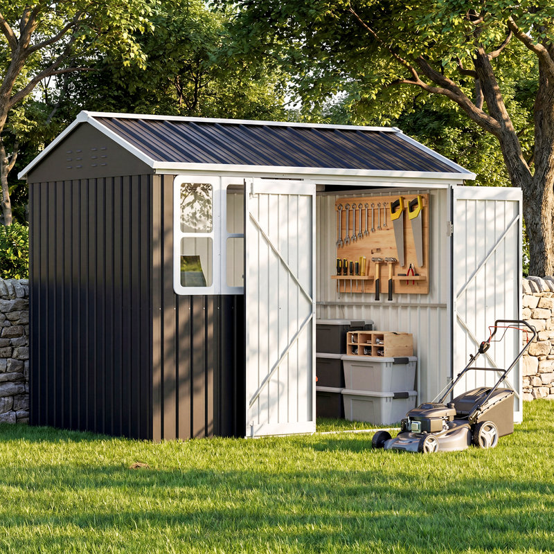 8.5 * 7.5 FT Metal Shed Garden Storage, Garden Shed, Waterproof Galvanized Steel with Window, Outdoor Apex Roof Shed with Lockable Double Doors&Gloves for Patio, Garden, Backyard, Bike, Garbage Bin